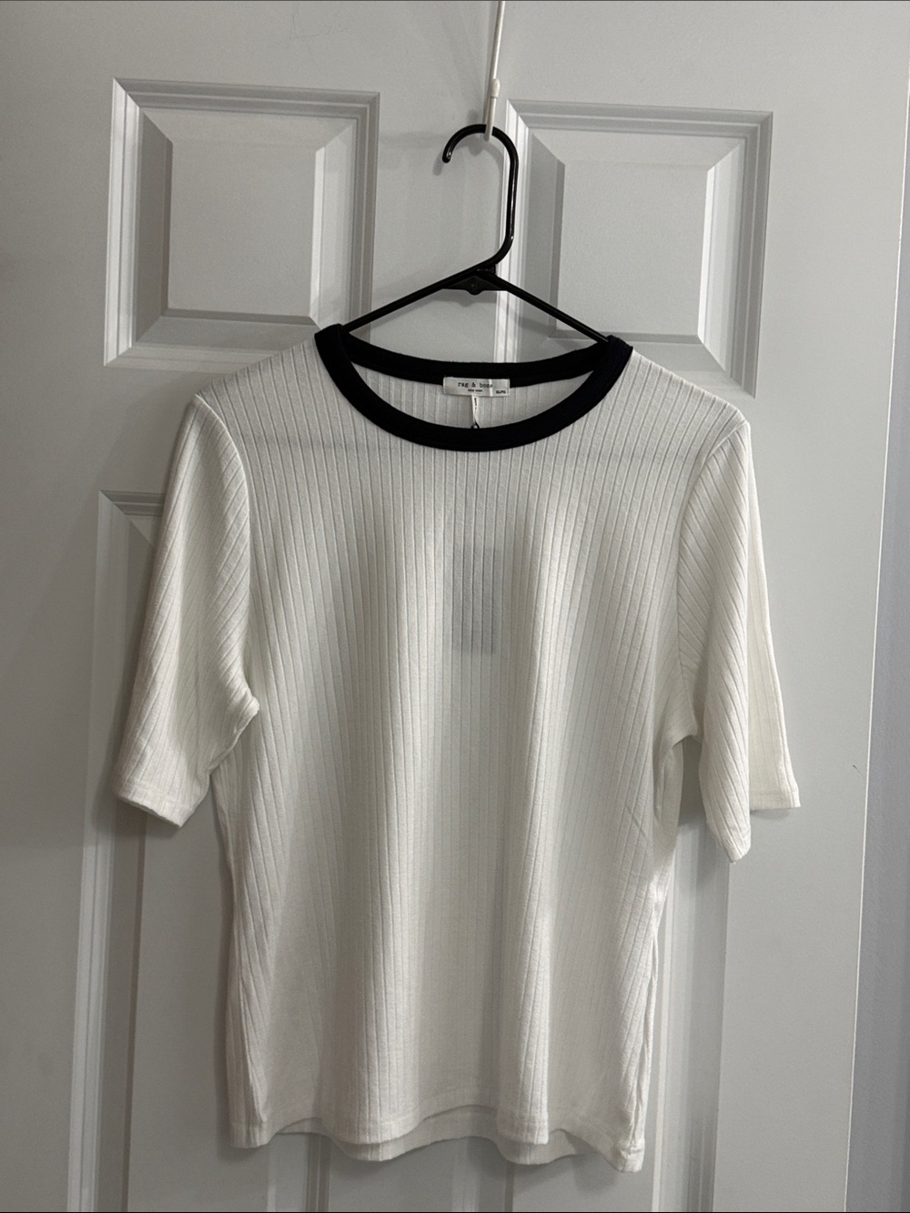 rag & bone White Ribbed Short Sleeve Tee with Black Collar NWT